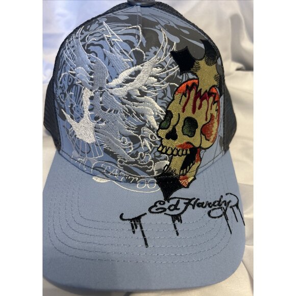 Ed Hardy Trucker Hat Embroidered Tattoo Eagle Skull Blue Mesh Snapback Cap New - Picture 7 of 15